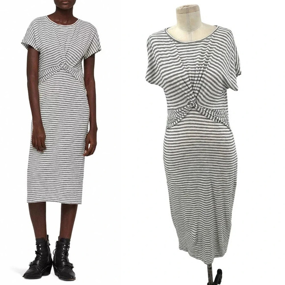 AllSaints Paloma T-Shirt Dress Short Sleeve Twist-Front Striped Size Medium - Picture 1 of 9